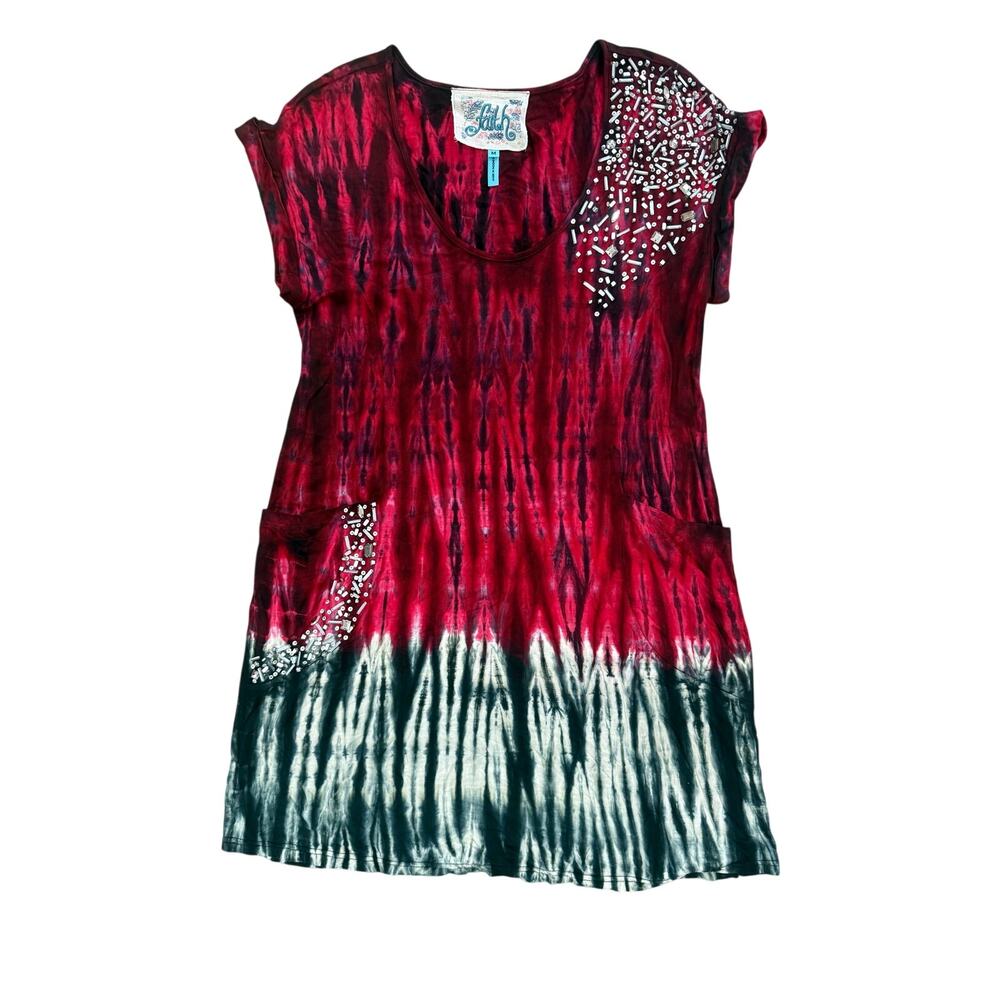 Faith Red Black Tie Dye Embellished Tunic Top Medium